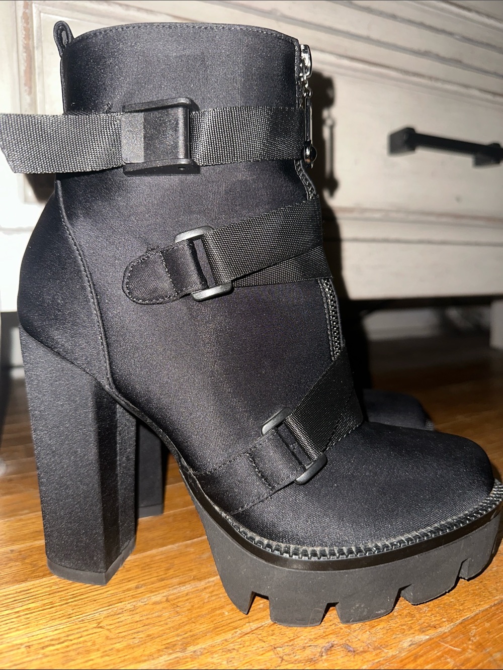 Women’s Black Chunky Heel Ankle Boots with Buckle Straps
